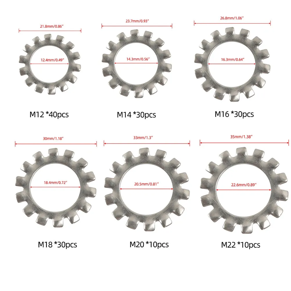 150pcs 6 Sizes 304 Stainless Steel External Tooth Star Lock