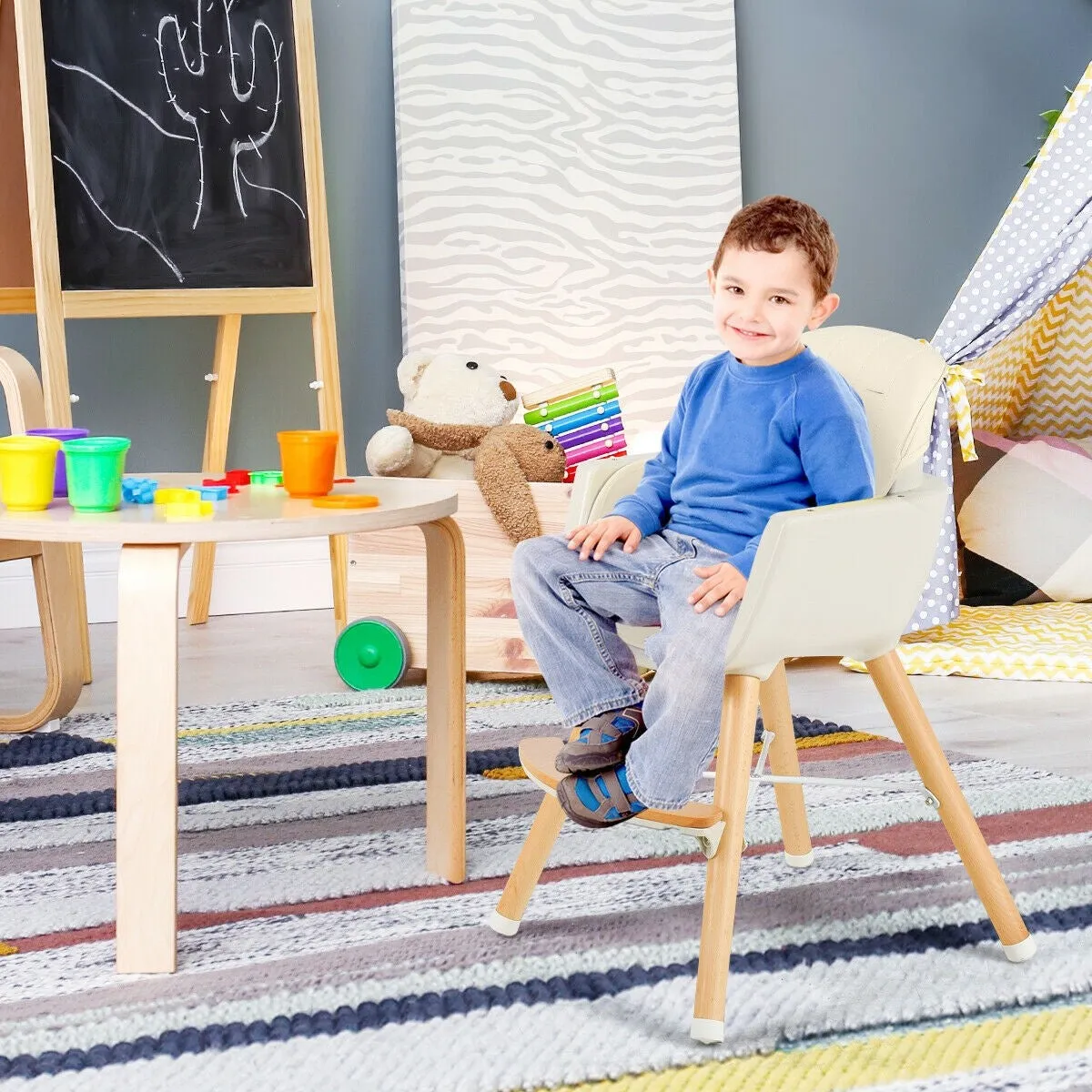 3-in-1 Convertible Wooden High Chair with Cushion - Grey