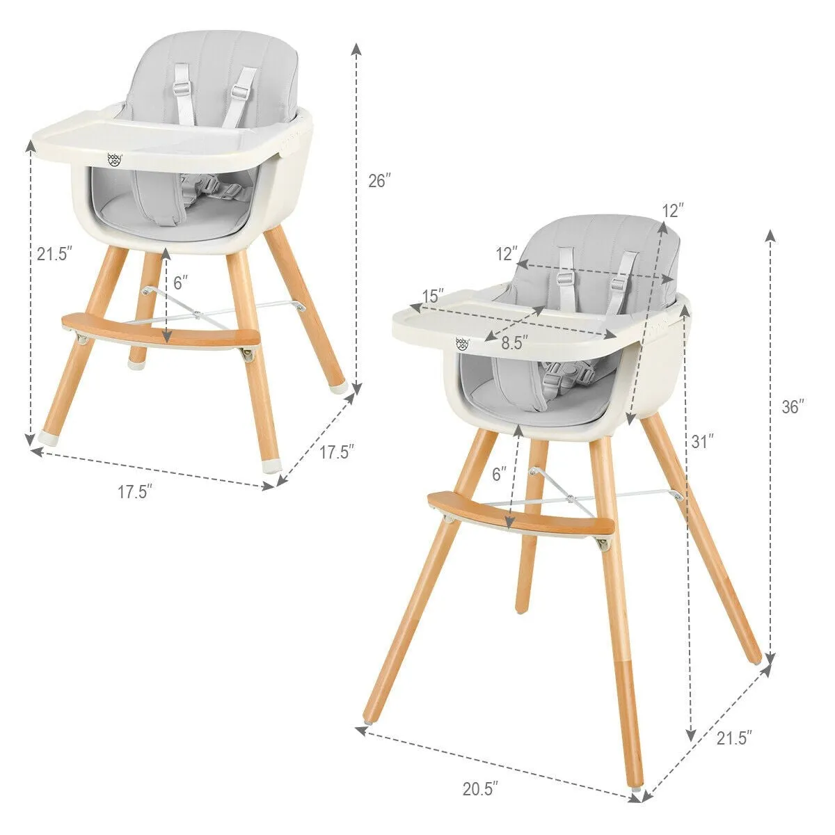 3-in-1 Convertible Wooden High Chair with Cushion - Grey