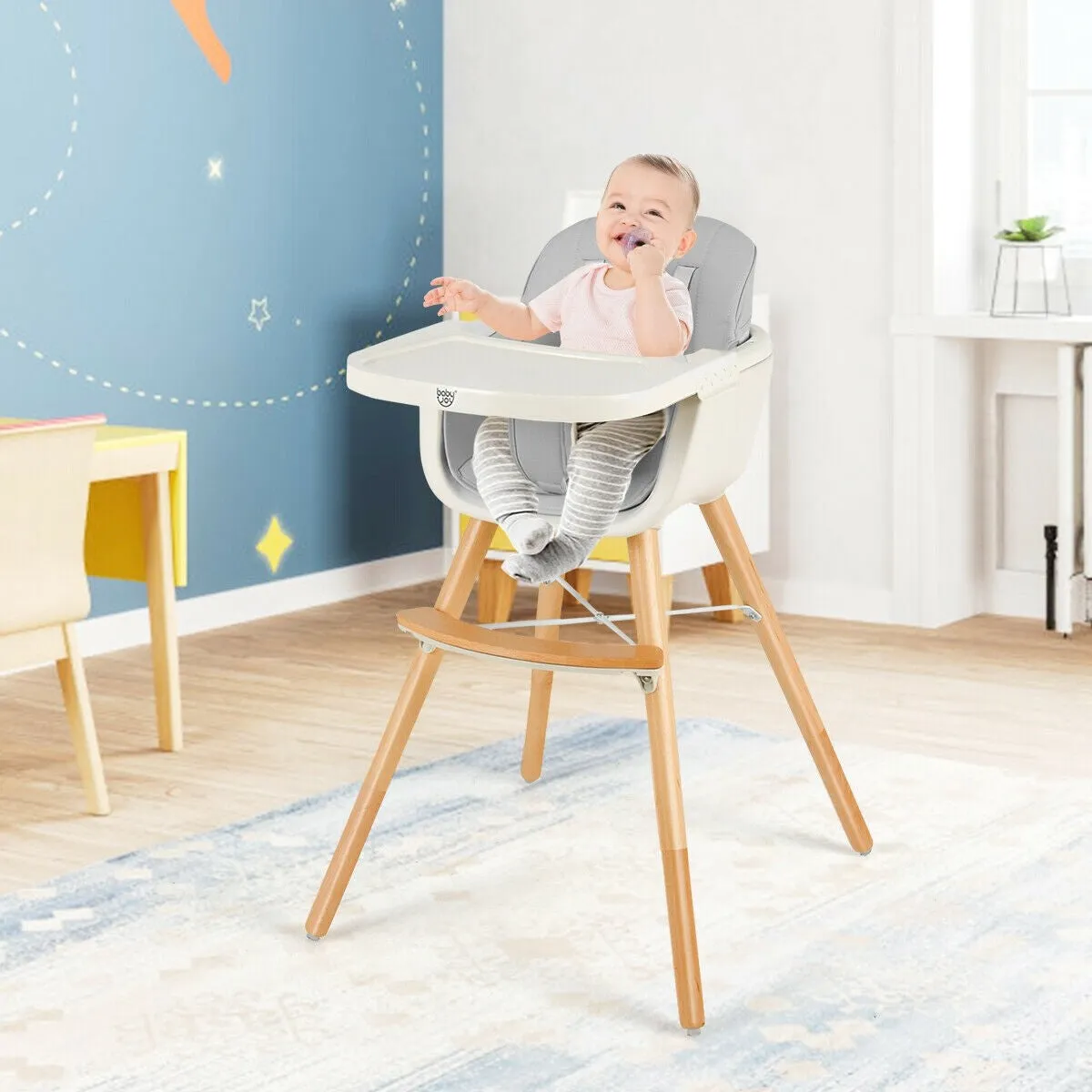3-in-1 Convertible Wooden High Chair with Cushion - Grey