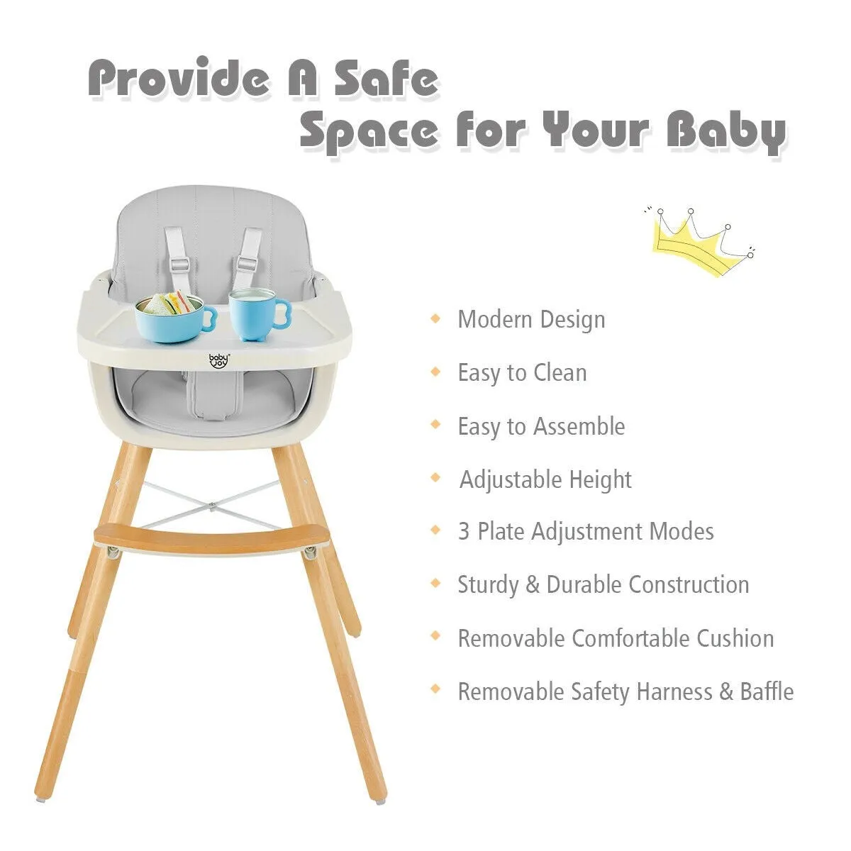 3-in-1 Convertible Wooden High Chair with Cushion - Grey