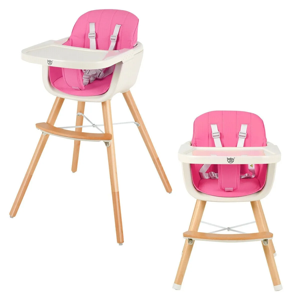 3-in-1 Convertible Wooden High Chair with Cushion - Pink