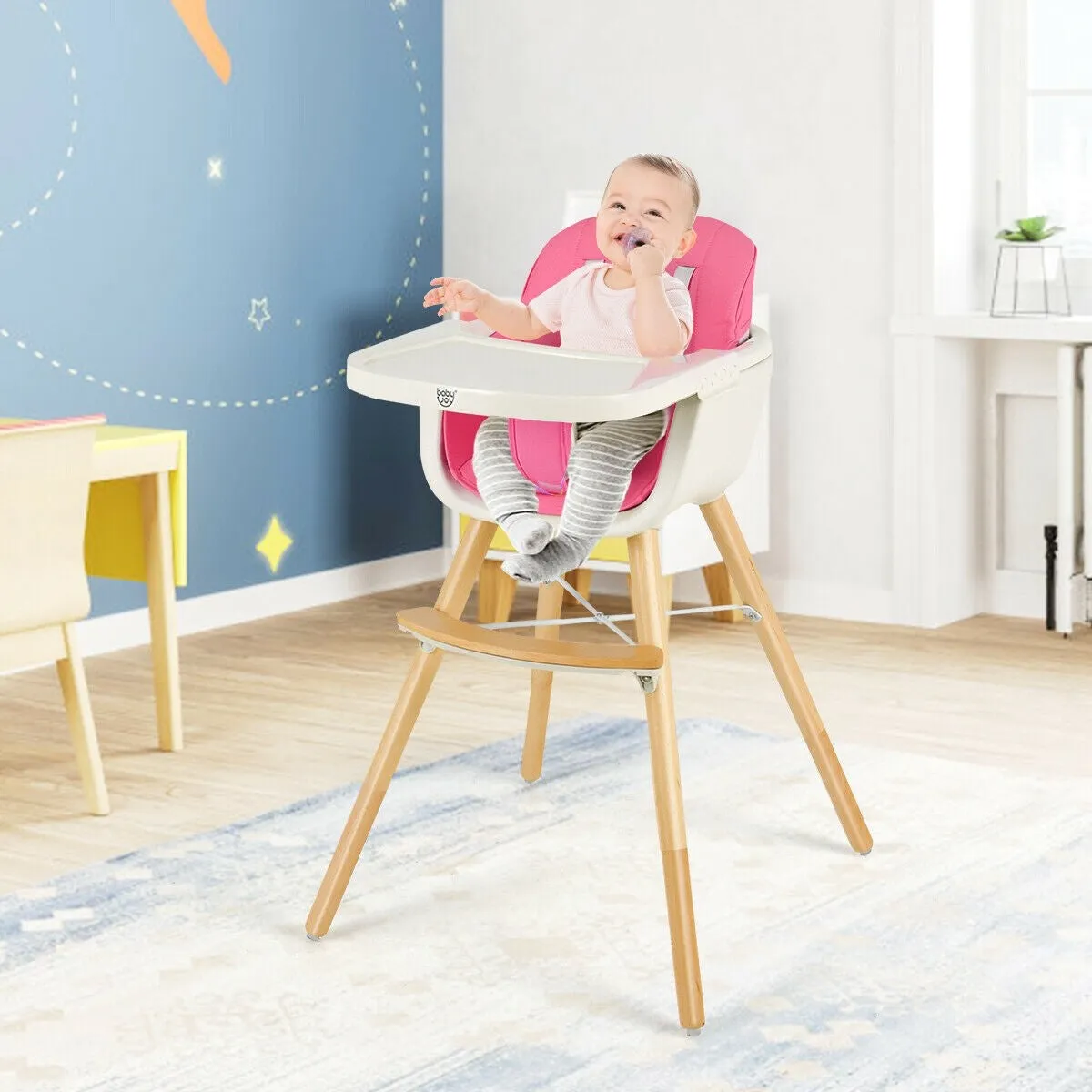 3-in-1 Convertible Wooden High Chair with Cushion - Pink