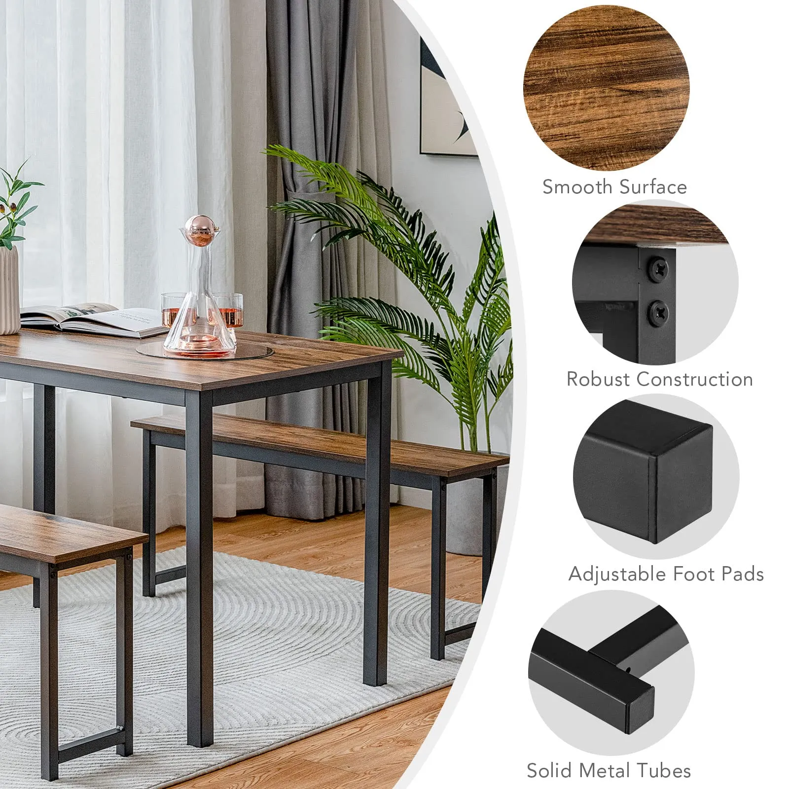 3-Piece Bench Style Dining Table Set