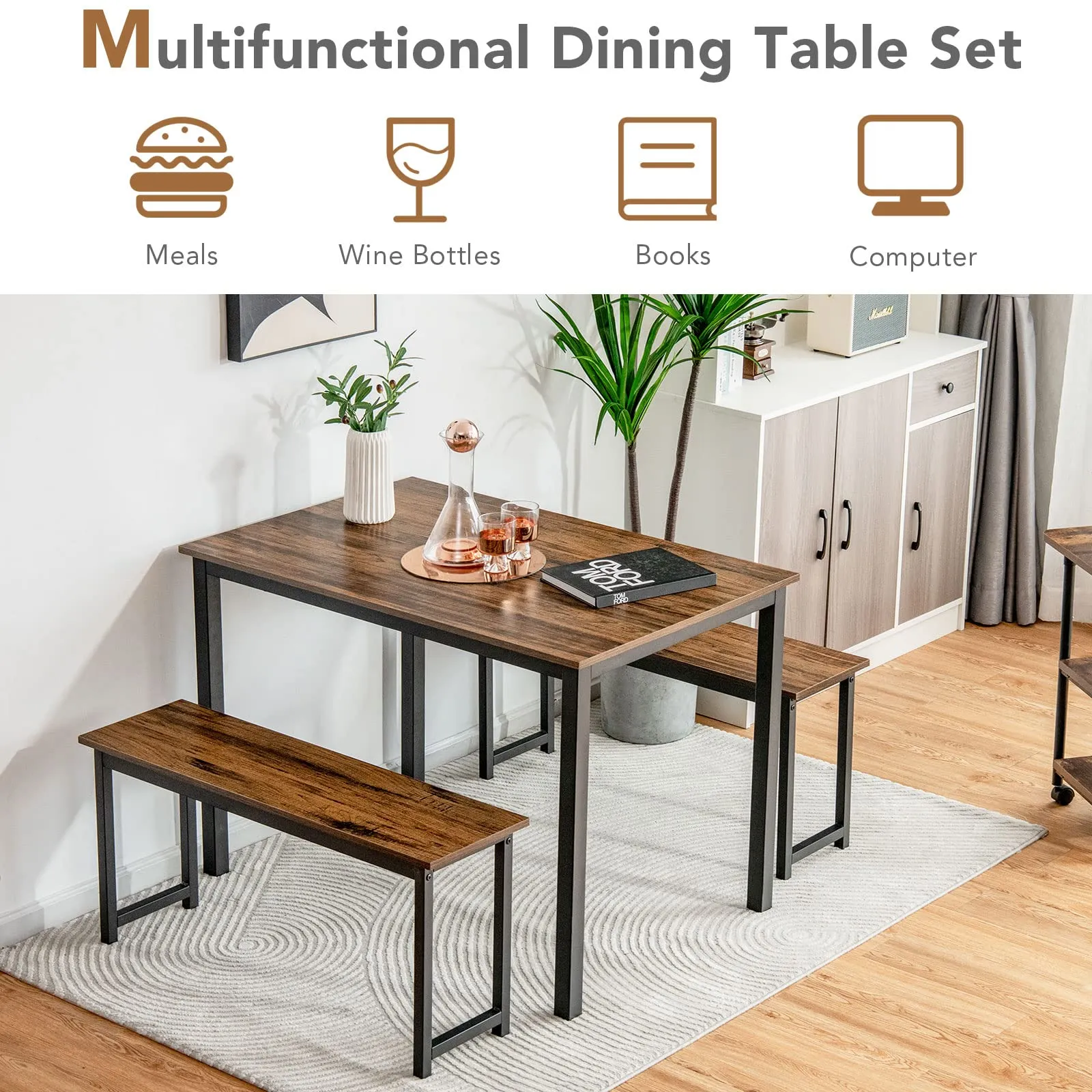 3-Piece Bench Style Dining Table Set