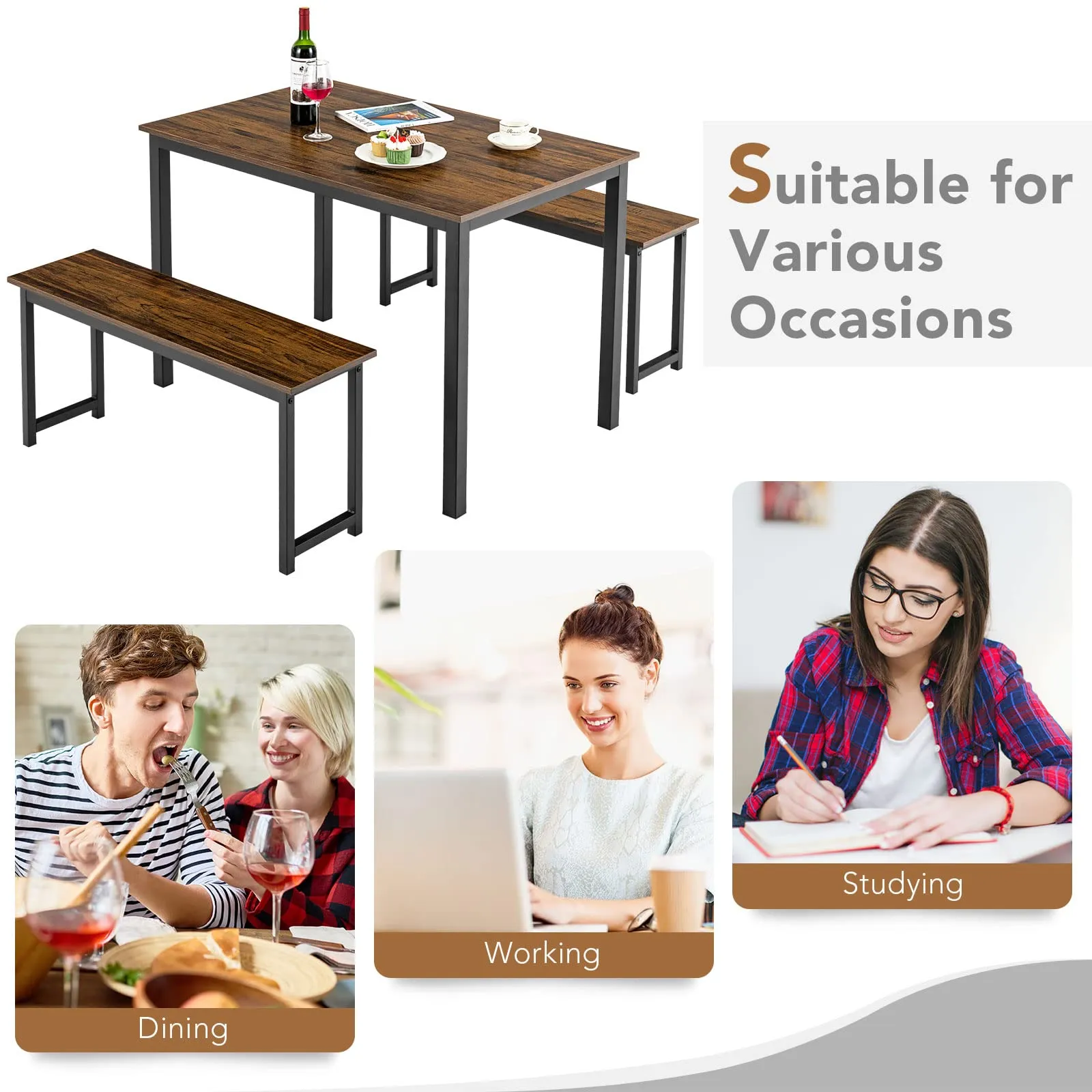 3-Piece Bench Style Dining Table Set
