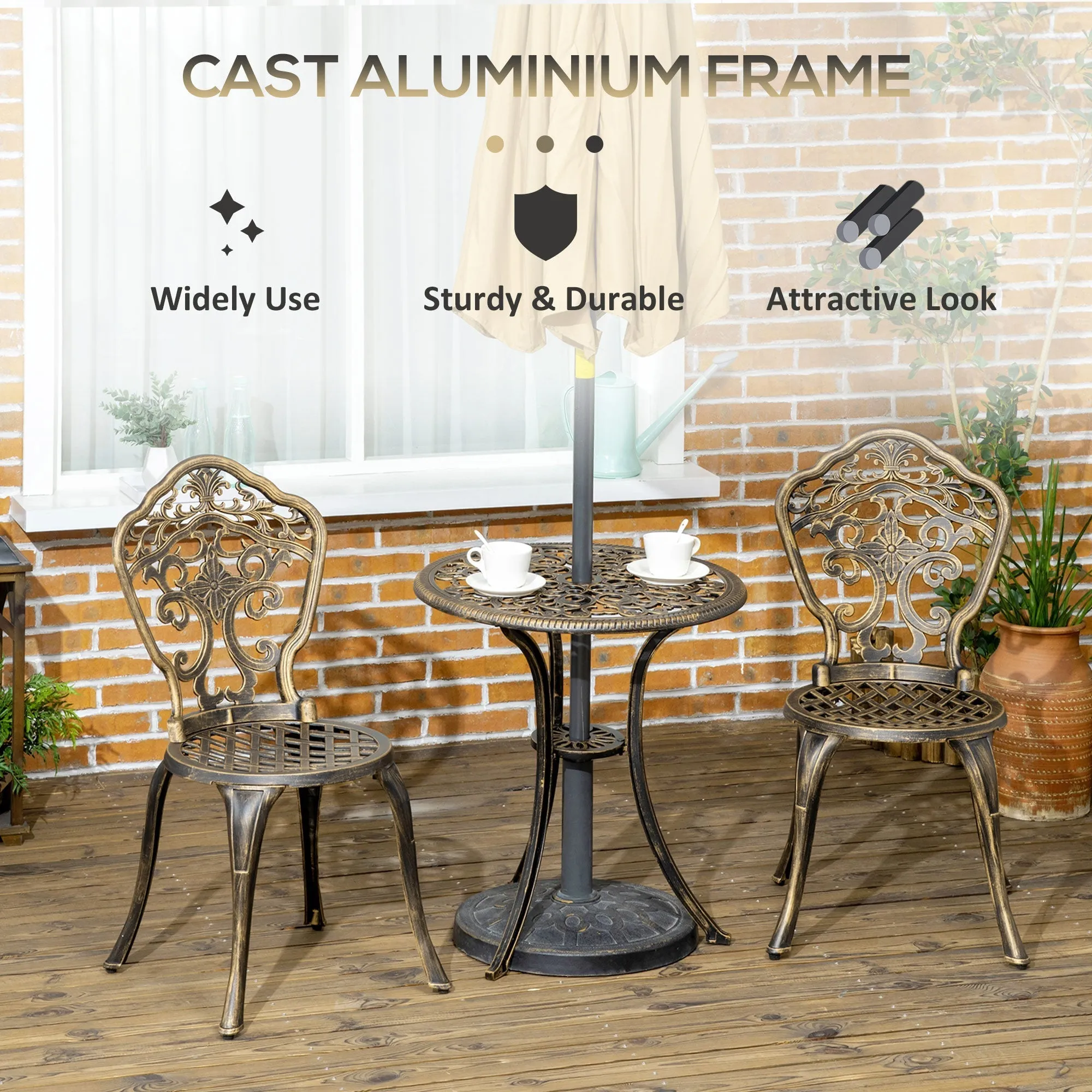 3-Piece Cast Aluminium Garden Bistro Set for 3 with Parasol Hole