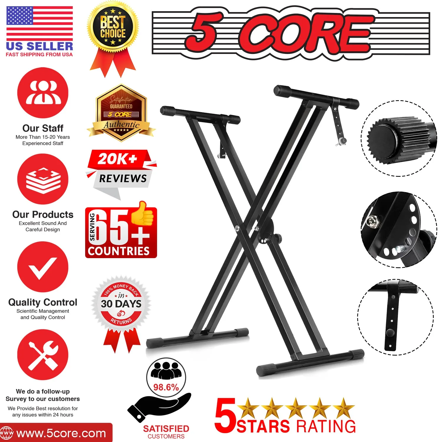 5Core Keyboard Stand Double X Style Adjustable Lift Piano Riser For 49 To 88 Keys BLACK