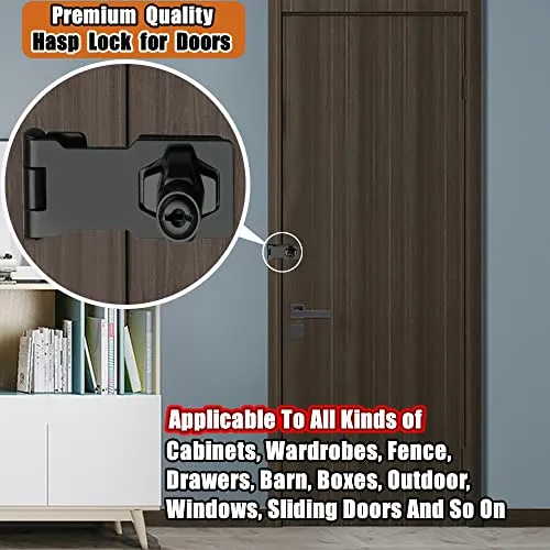 Alise Keyed Hasp Lock,2.5 Inch Safety Packlock Clasp Hasp Lock Latch with Lock, Black Door Hinge Lock with Keys Keyed Locking Hasp for Cabinets Closets Doors