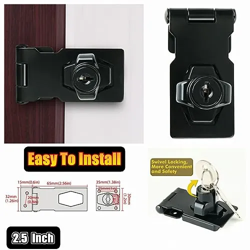 Alise Keyed Hasp Lock,2.5 Inch Safety Packlock Clasp Hasp Lock Latch with Lock, Black Door Hinge Lock with Keys Keyed Locking Hasp for Cabinets Closets Doors