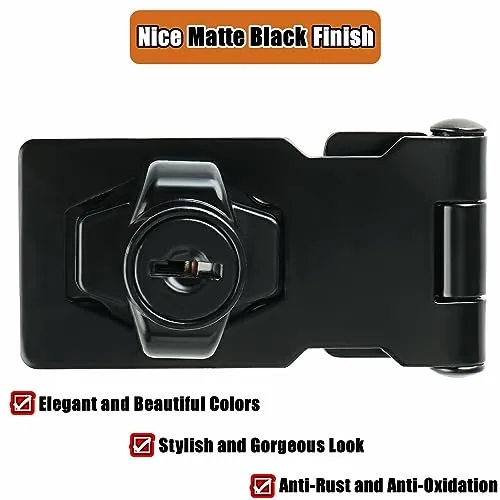 Alise Keyed Hasp Lock,2.5 Inch Safety Packlock Clasp Hasp Lock Latch with Lock, Black Door Hinge Lock with Keys Keyed Locking Hasp for Cabinets Closets Doors