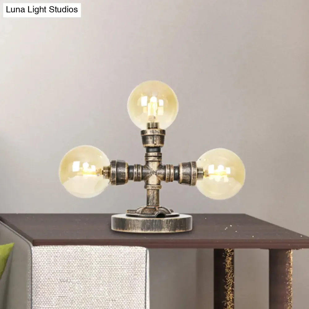 Antique Silver/Bronze Industrial Round Shade Desk Lamp - 2/3-Bulb Clear/Amber Glass Task Lighting with Base
