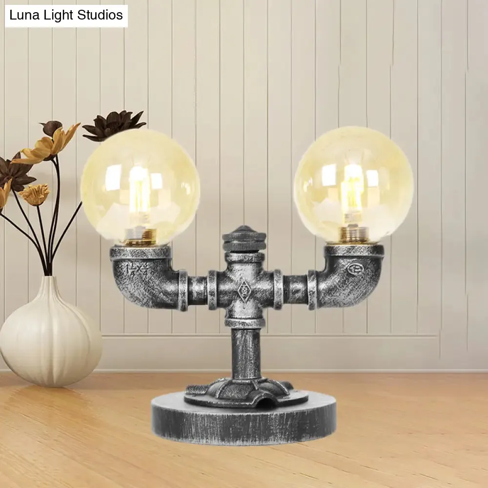 Antique Silver/Bronze Industrial Round Shade Desk Lamp - 2/3-Bulb Clear/Amber Glass Task Lighting with Base