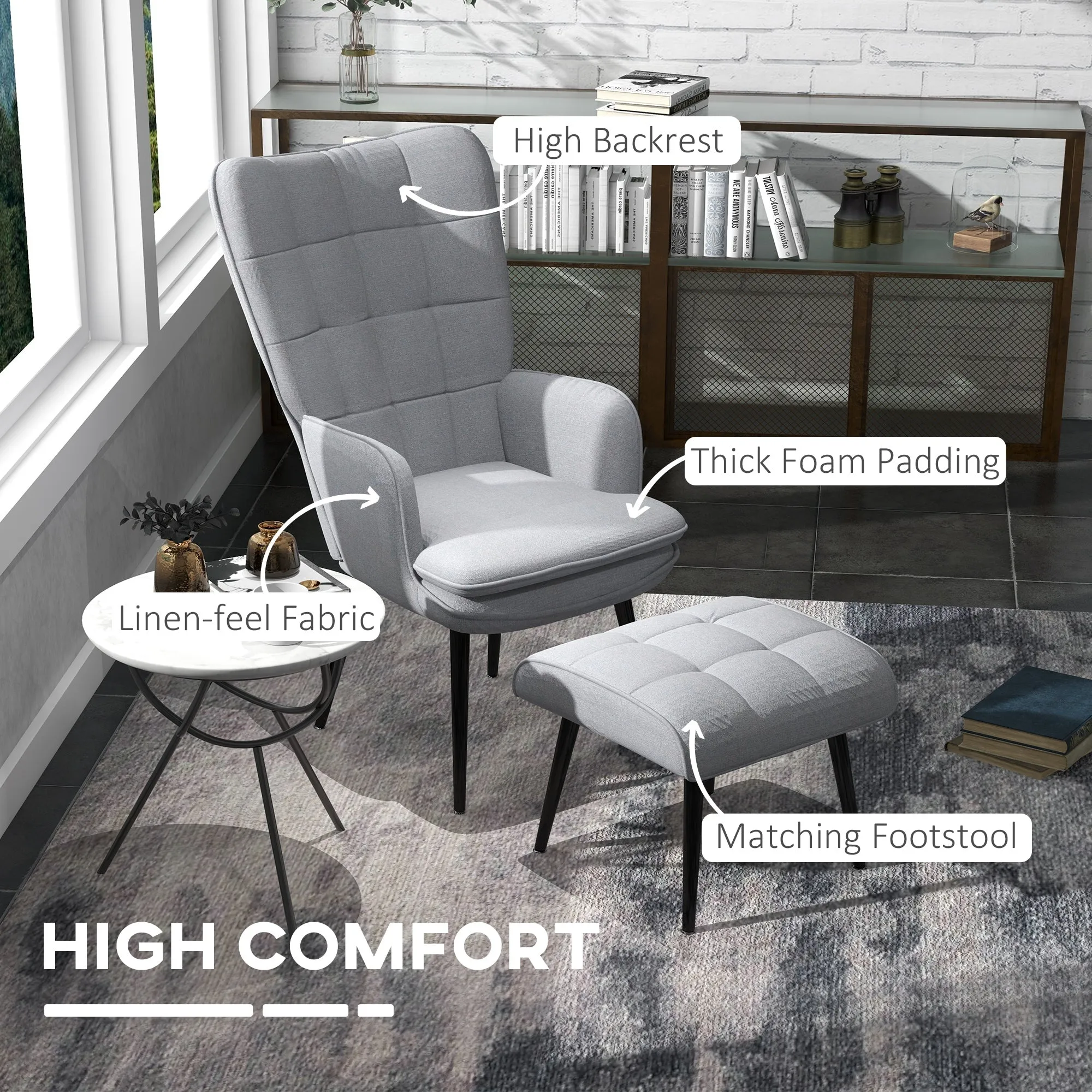 Armchair with Footstool, Living Room Chair, Linen Accent Chair for Bedroom, Home Study, Grey
