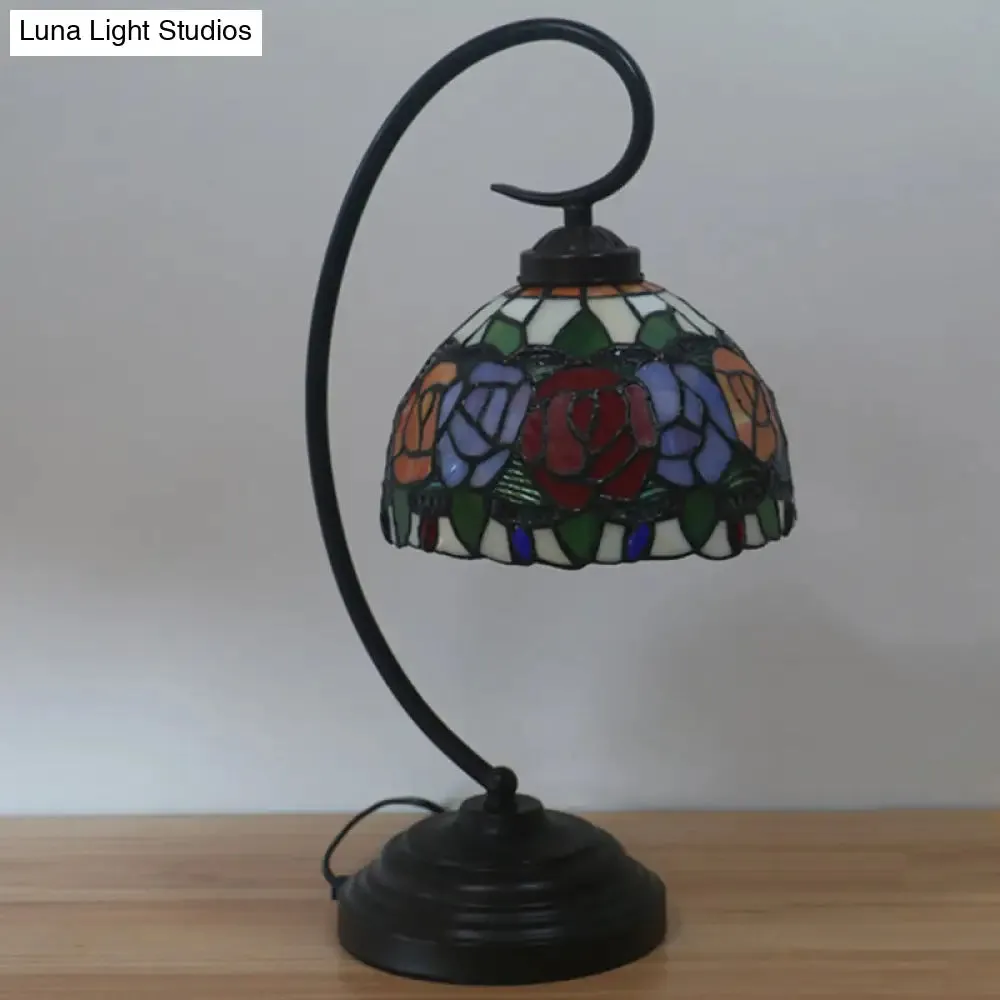 Baroque Red/Pink/Brown Cut Glass Domed Table Lamp with Curvy Arm