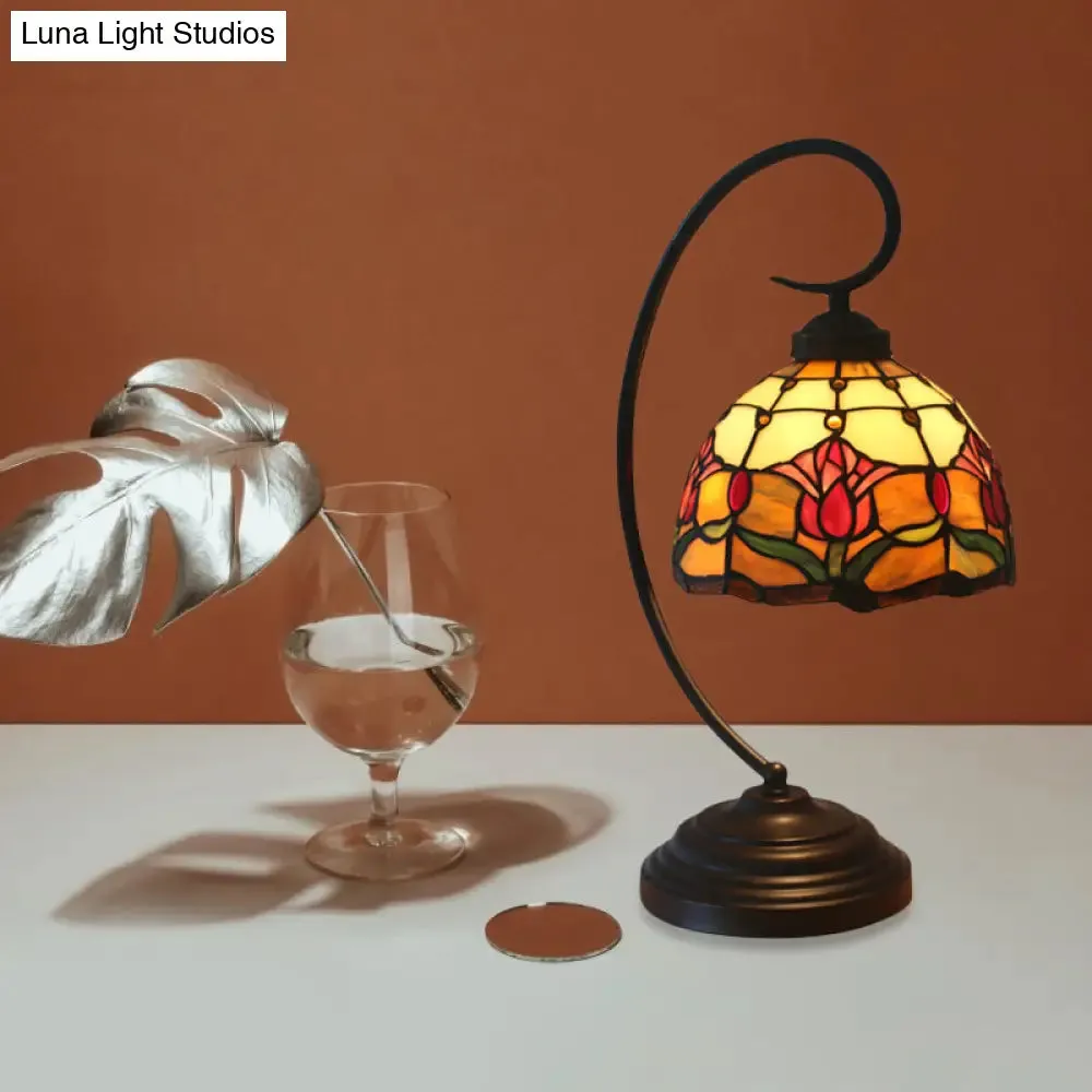 Baroque Red/Pink/Brown Cut Glass Domed Table Lamp with Curvy Arm