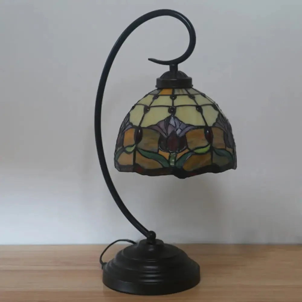 Baroque Red/Pink/Brown Cut Glass Domed Table Lamp with Curvy Arm