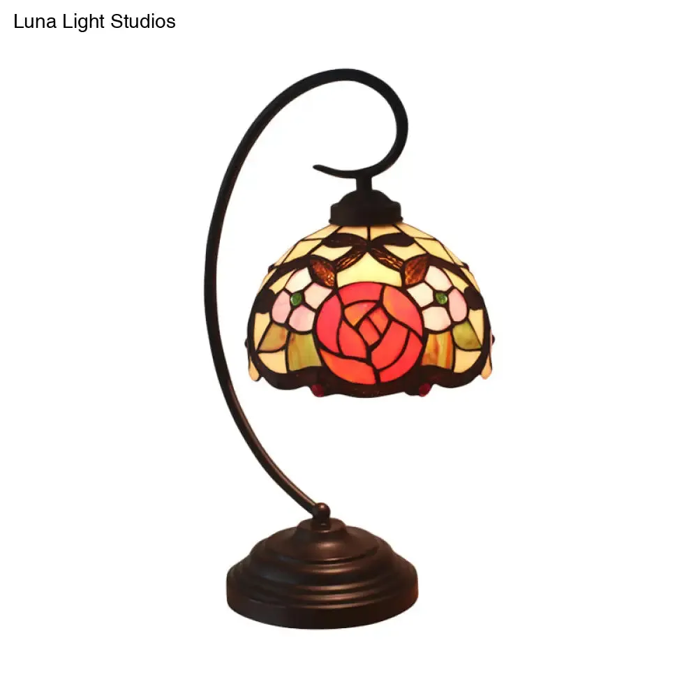 Baroque Red/Pink/Brown Cut Glass Domed Table Lamp with Curvy Arm