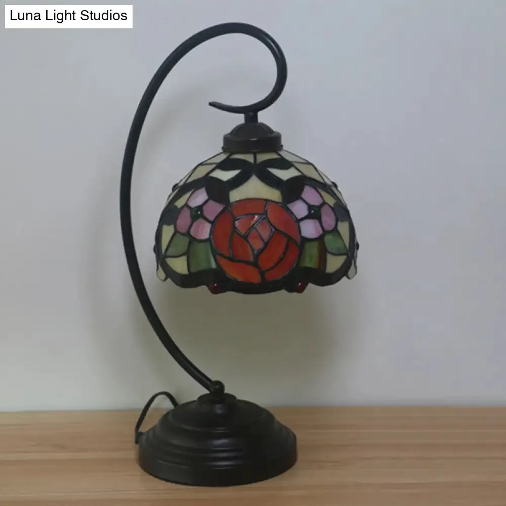 Baroque Red/Pink/Brown Cut Glass Domed Table Lamp with Curvy Arm