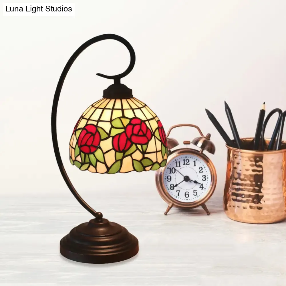 Baroque Red/Pink/Brown Cut Glass Domed Table Lamp with Curvy Arm