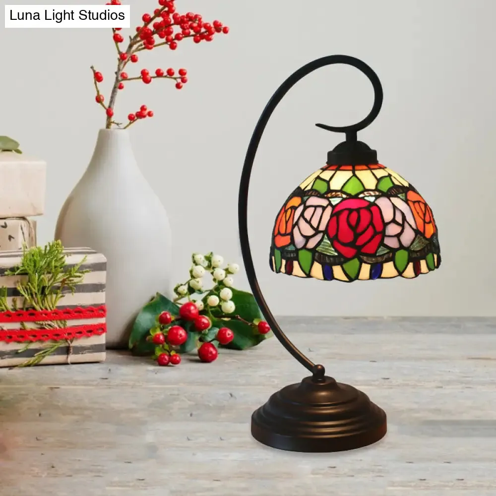 Baroque Red/Pink/Brown Cut Glass Domed Table Lamp with Curvy Arm