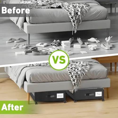 Beborxue Under Bed Storage with Wheels, 1 Pack Under Bed Storage Containers with Clear Lids, XXL 60L Under the bed storage Organizer Bins, Rolling Under Bed Metal Drawer for Clothes,Shoes,Toys (Gray)