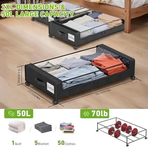 Beborxue Under Bed Storage with Wheels, 1 Pack Under Bed Storage Containers with Clear Lids, XXL 60L Under the bed storage Organizer Bins, Rolling Under Bed Metal Drawer for Clothes,Shoes,Toys (Gray)