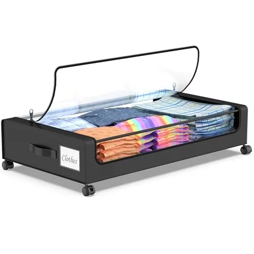 Beborxue Under Bed Storage with Wheels, 1 Pack Under Bed Storage Containers with Clear Lids, XXL 60L Under the bed storage Organizer Bins, Rolling Under Bed Metal Drawer for Clothes,Shoes,Toys (Gray)