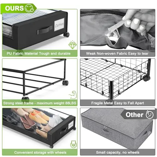 Beborxue Under Bed Storage with Wheels, 1 Pack Under Bed Storage Containers with Clear Lids, XXL 60L Under the bed storage Organizer Bins, Rolling Under Bed Metal Drawer for Clothes,Shoes,Toys (Gray)