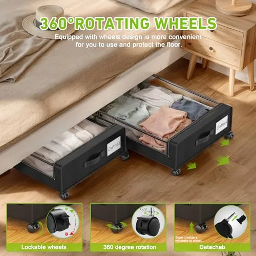 Beborxue Under Bed Storage with Wheels, 1 Pack Under Bed Storage Containers with Clear Lids, XXL 60L Under the bed storage Organizer Bins, Rolling Under Bed Metal Drawer for Clothes,Shoes,Toys (Gray)