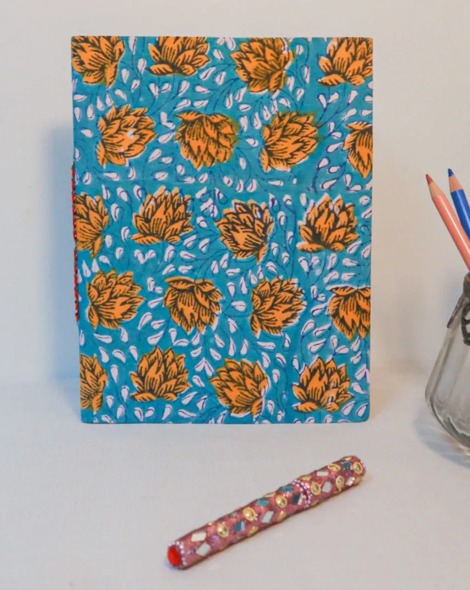 Big handmade block print notebook | Blue with flowers