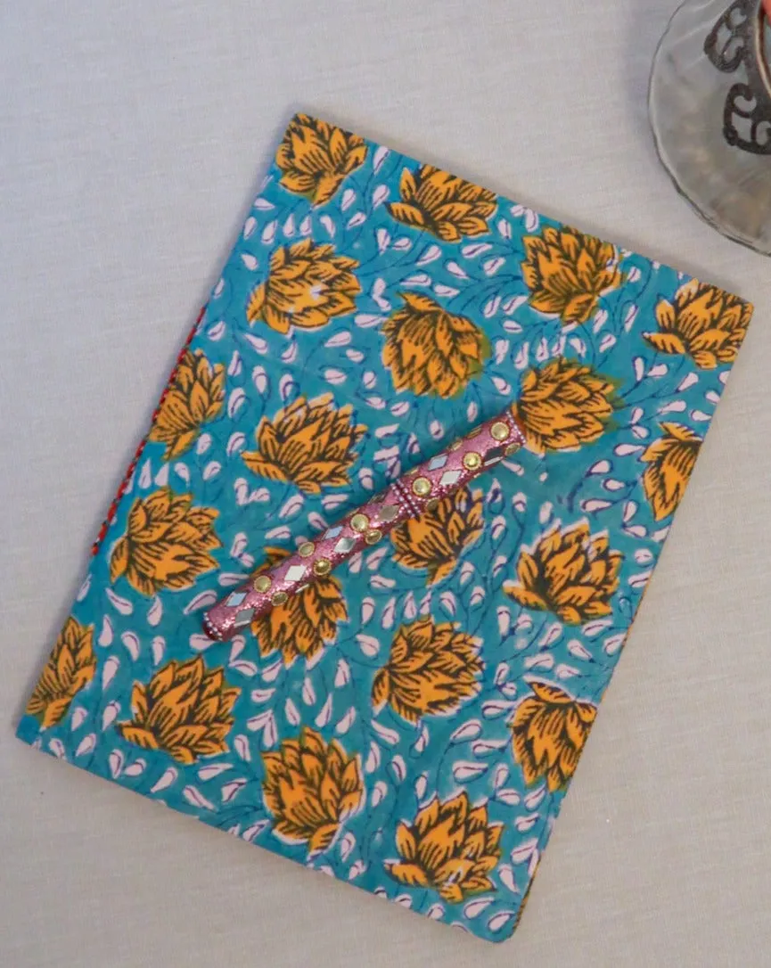 Big handmade block print notebook | Blue with flowers