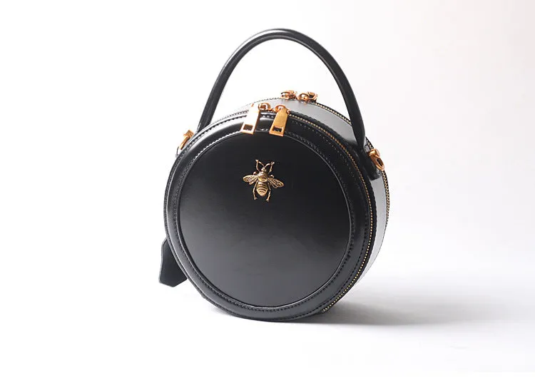 Black Round Purse Leather Round Bag Circle Leather Purse Womens