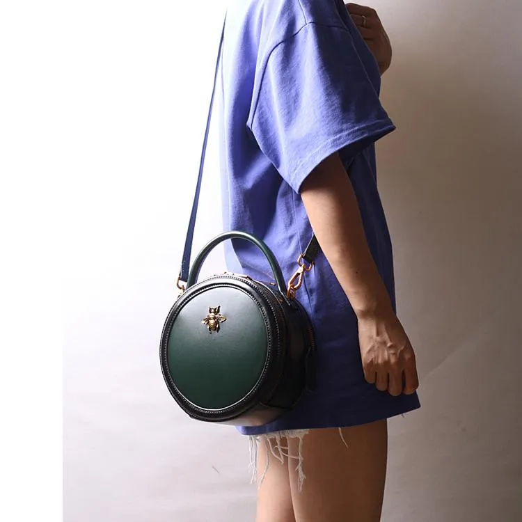 Black Round Purse Leather Round Bag Circle Leather Purse Womens