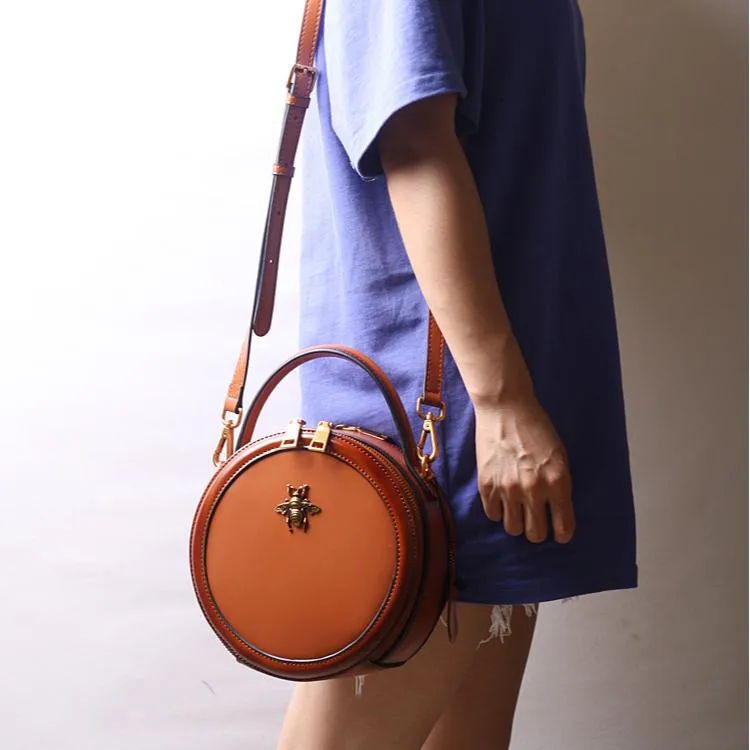 Black Round Purse Leather Round Bag Circle Leather Purse Womens