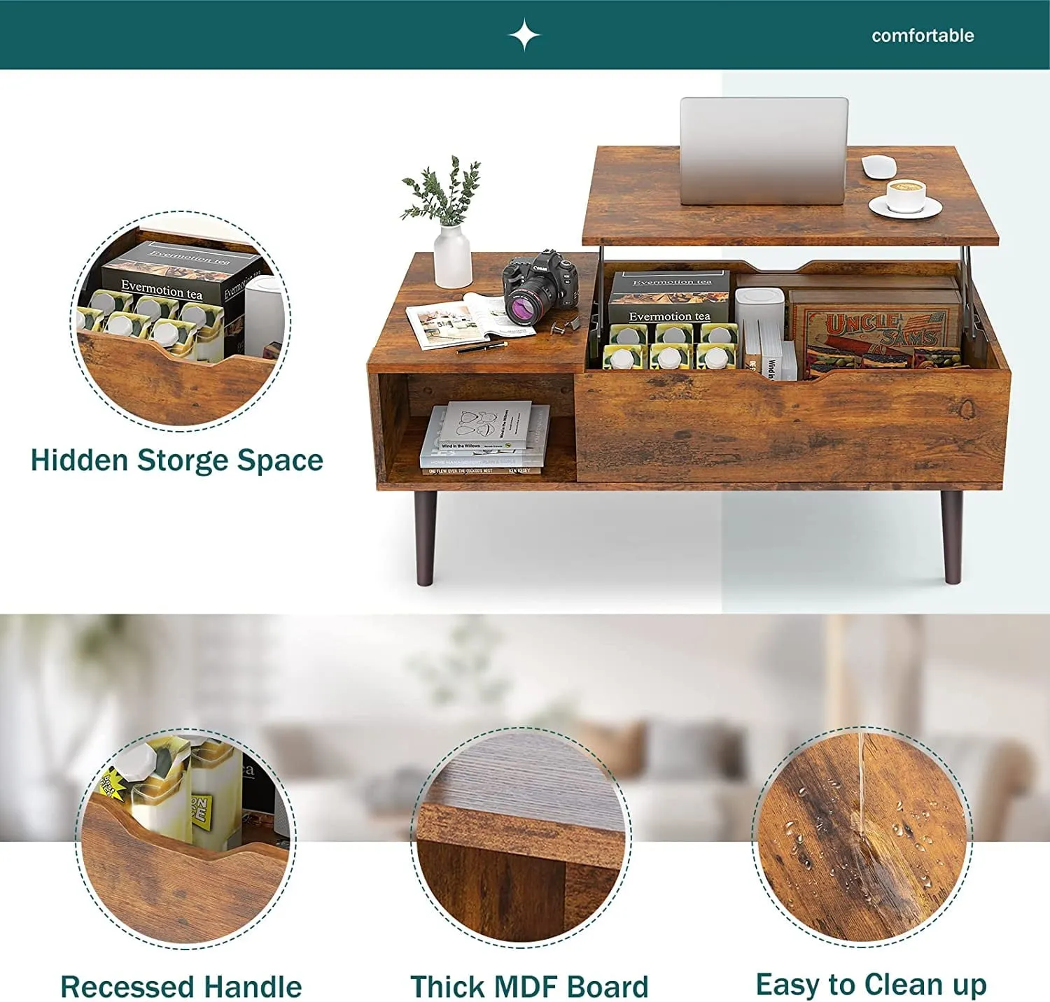 edx Adjustable Height Wooden Coffee Table with Hidden Compartments and Shelves - Perfect for Small Homes, Apartments, Reception Rooms, Rust Brown