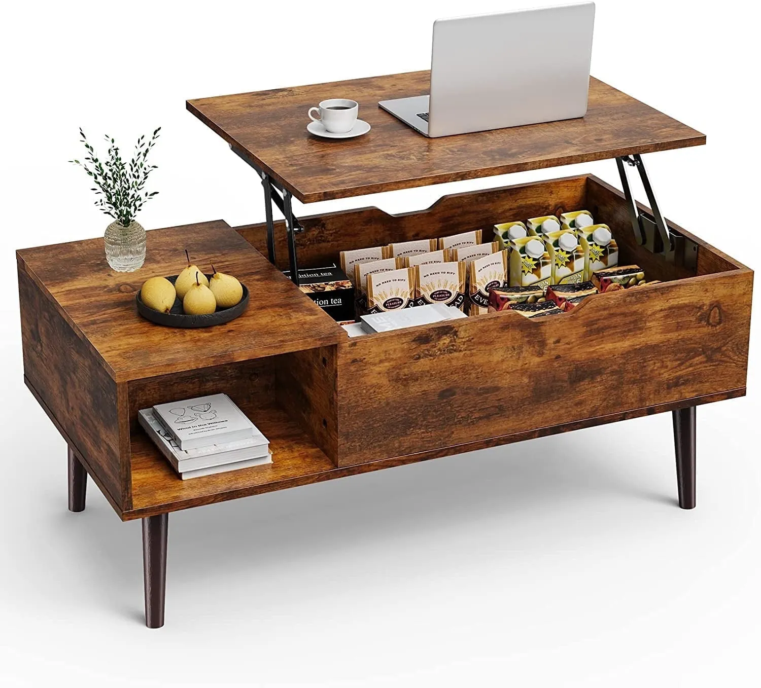edx Adjustable Height Wooden Coffee Table with Hidden Compartments and Shelves - Perfect for Small Homes, Apartments, Reception Rooms, Rust Brown