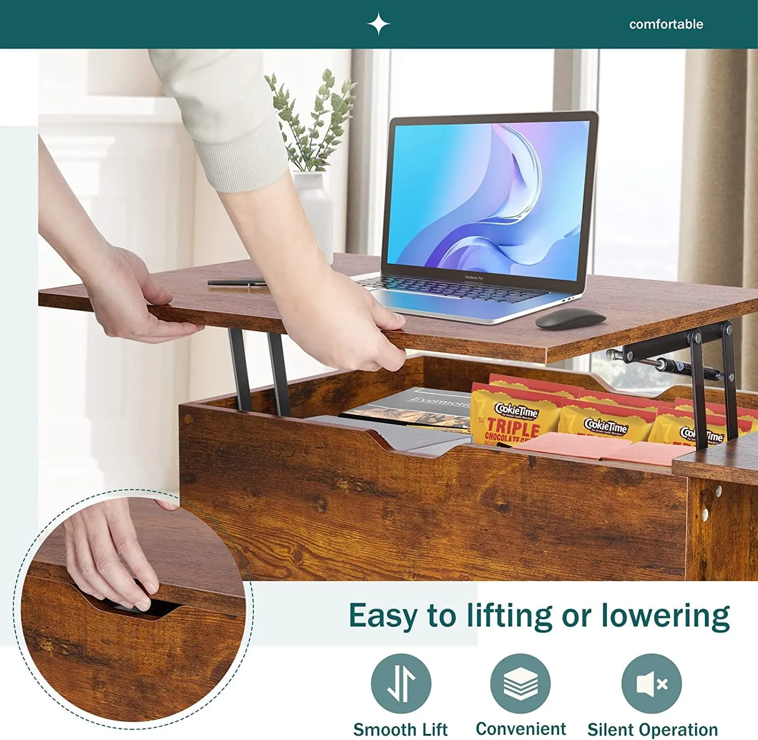 edx Adjustable Height Wooden Coffee Table with Hidden Compartments and Shelves - Perfect for Small Homes, Apartments, Reception Rooms, Rust Brown