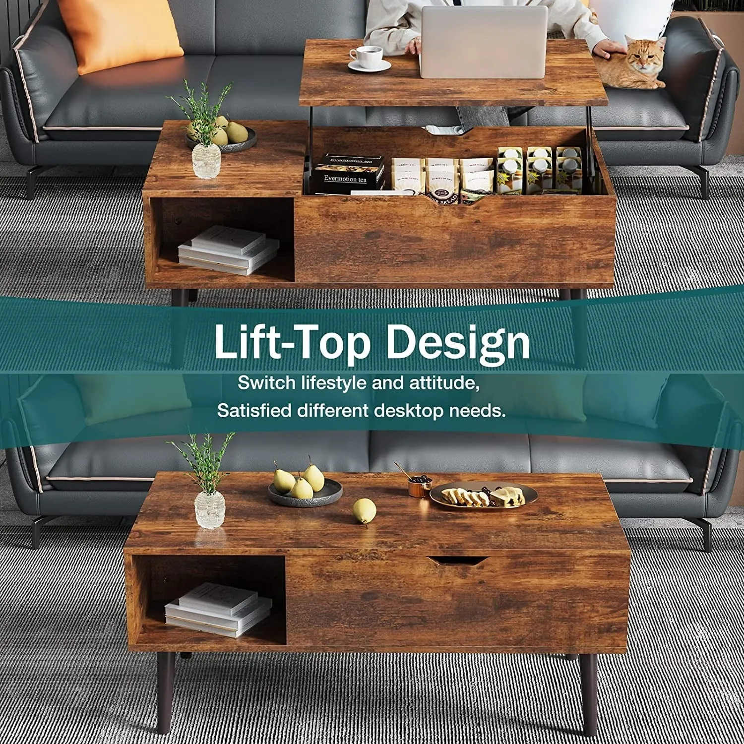 edx Adjustable Height Wooden Coffee Table with Hidden Compartments and Shelves - Perfect for Small Homes, Apartments, Reception Rooms, Rust Brown