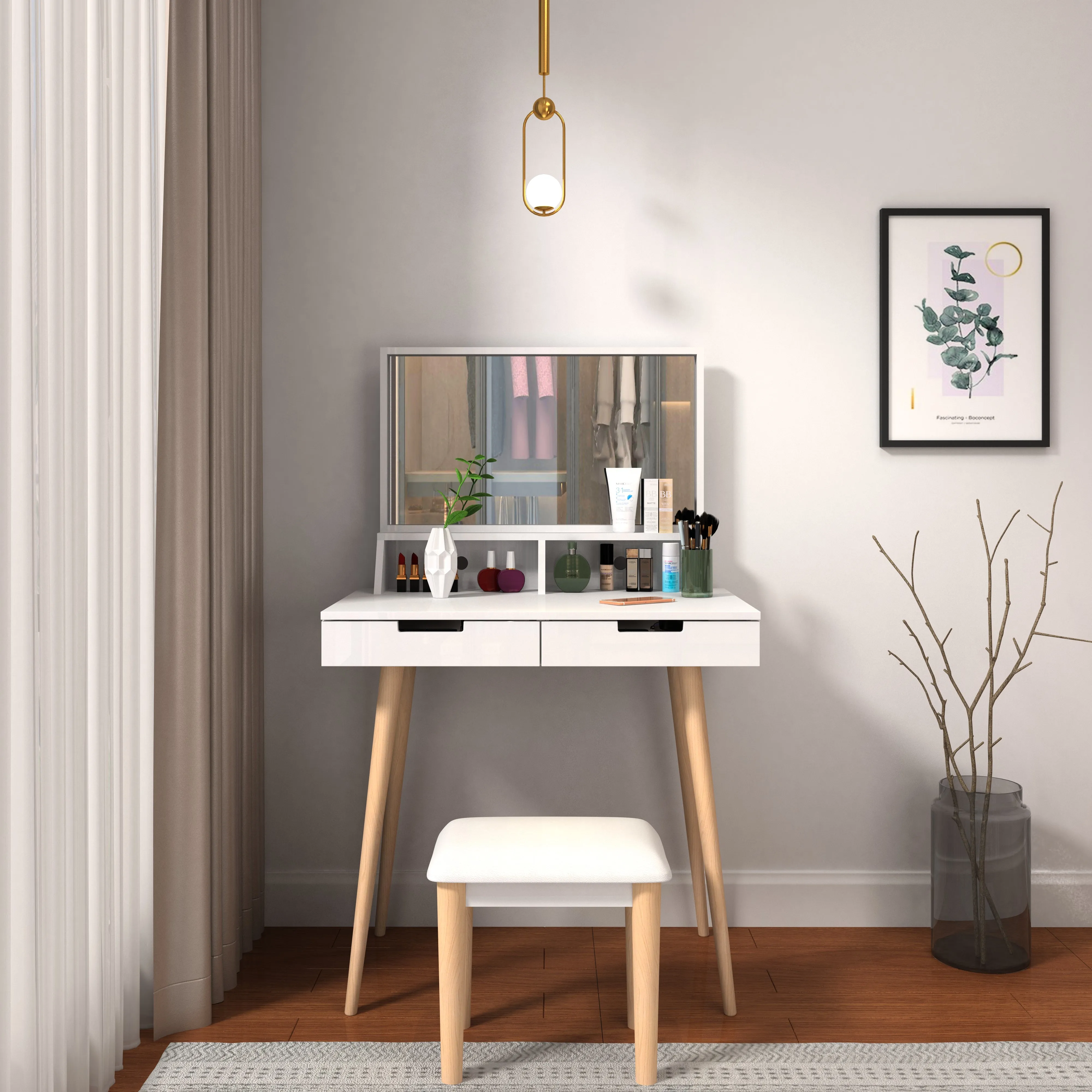 Facilehome Makeup Vanity Desk with Mirror and Lights, Bedroom Vanity Table
