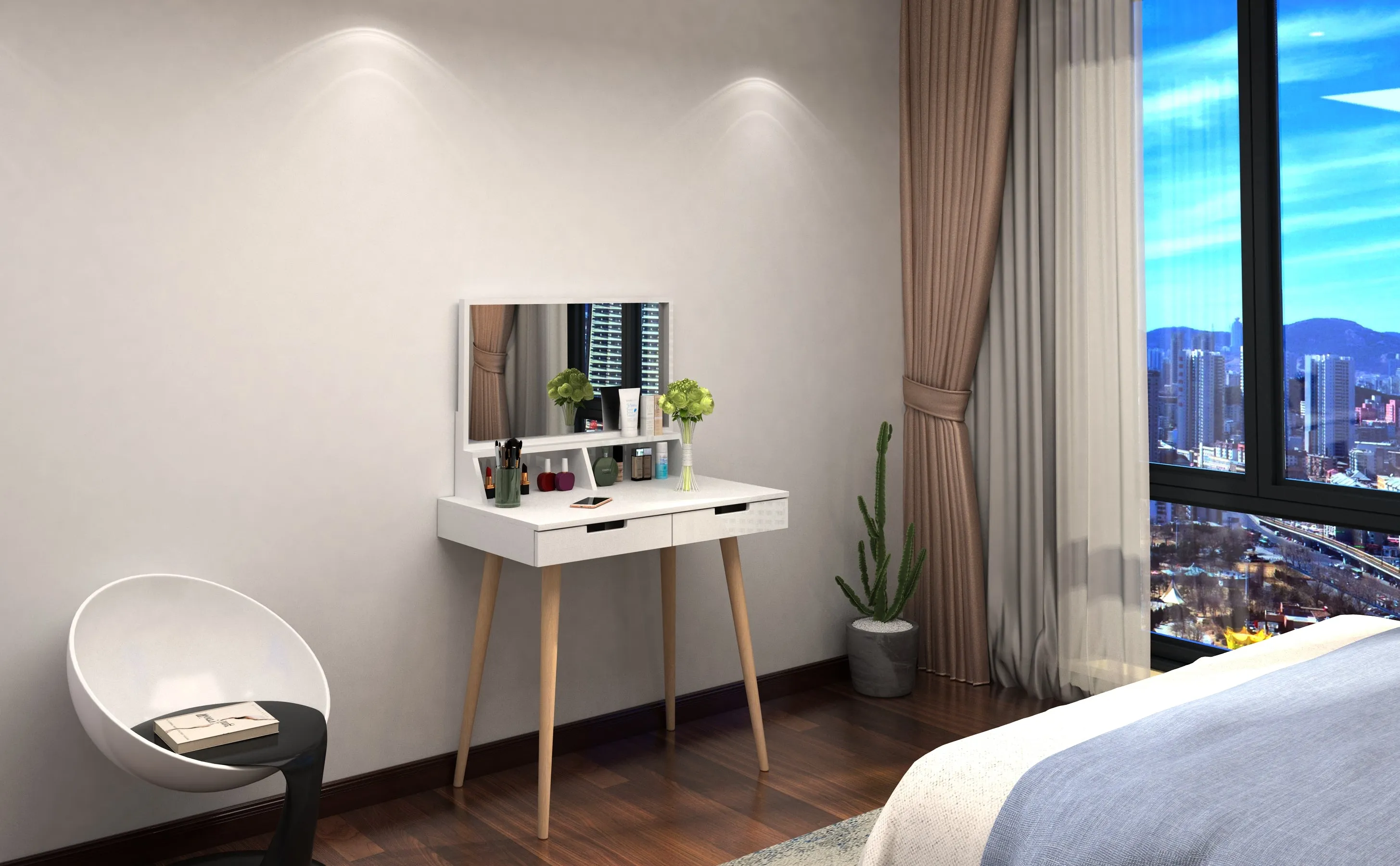 Facilehome Makeup Vanity Desk with Mirror and Lights, Bedroom Vanity Table