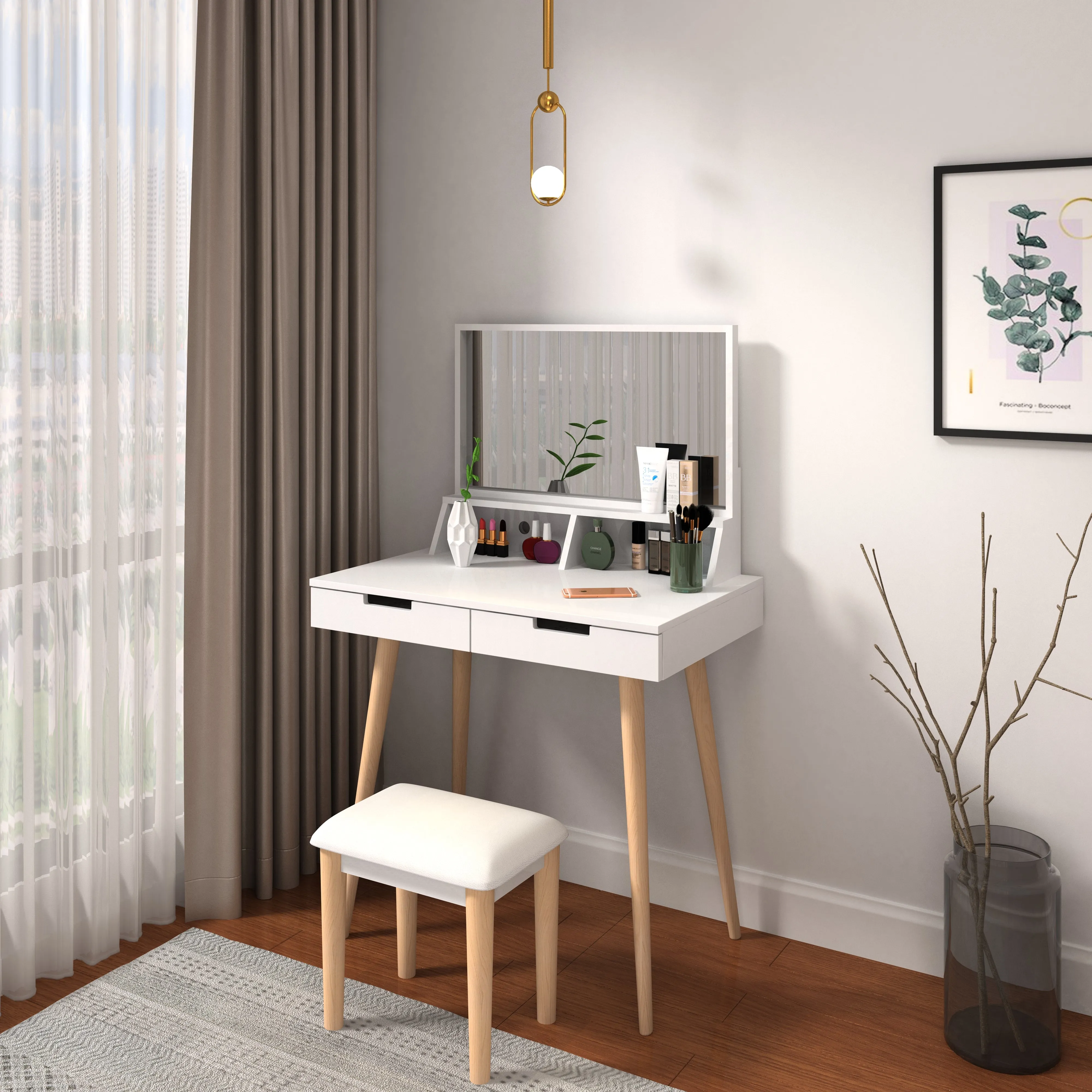 Facilehome Makeup Vanity Desk with Mirror and Lights, Bedroom Vanity Table