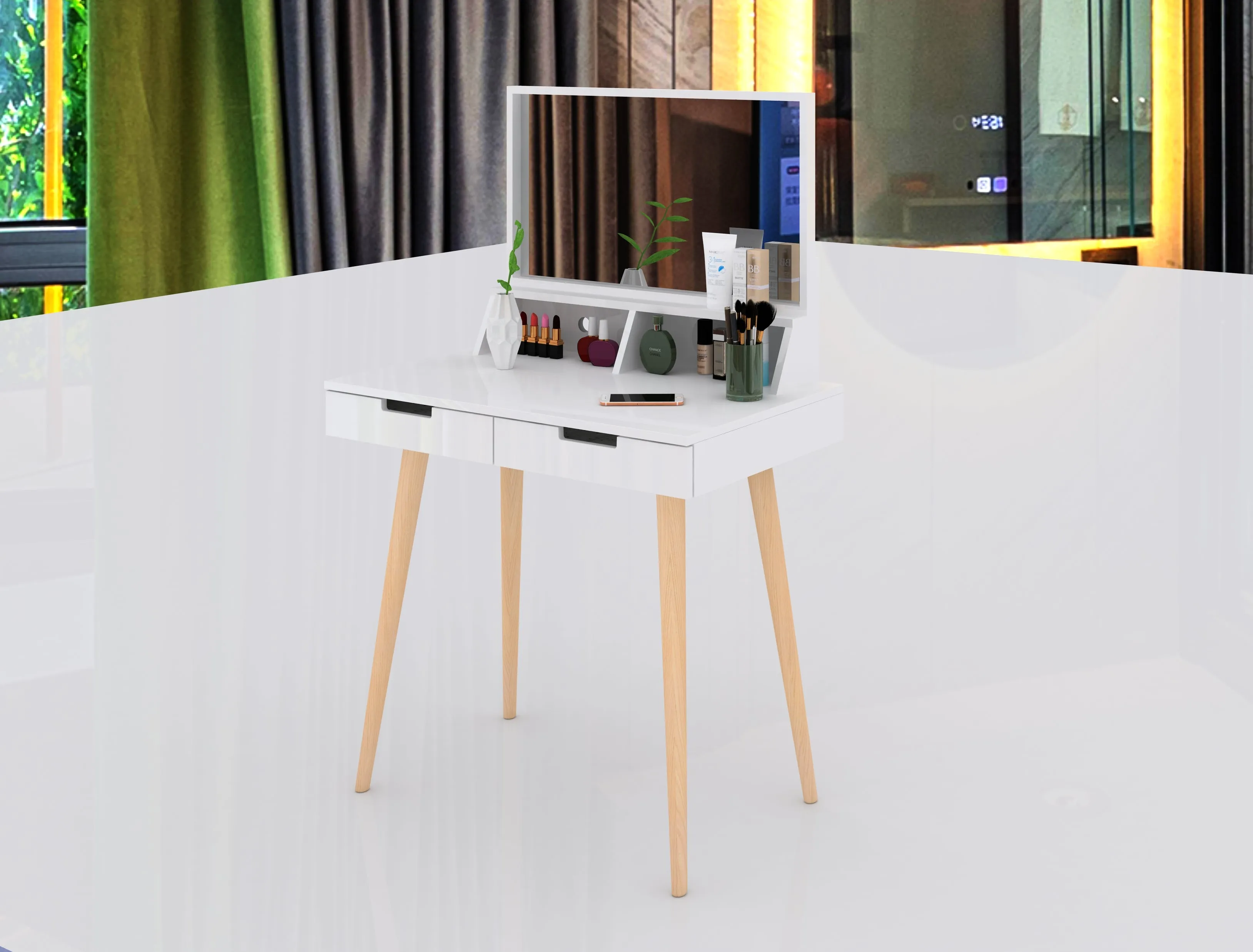 Facilehome Makeup Vanity Desk with Mirror and Lights, Bedroom Vanity Table