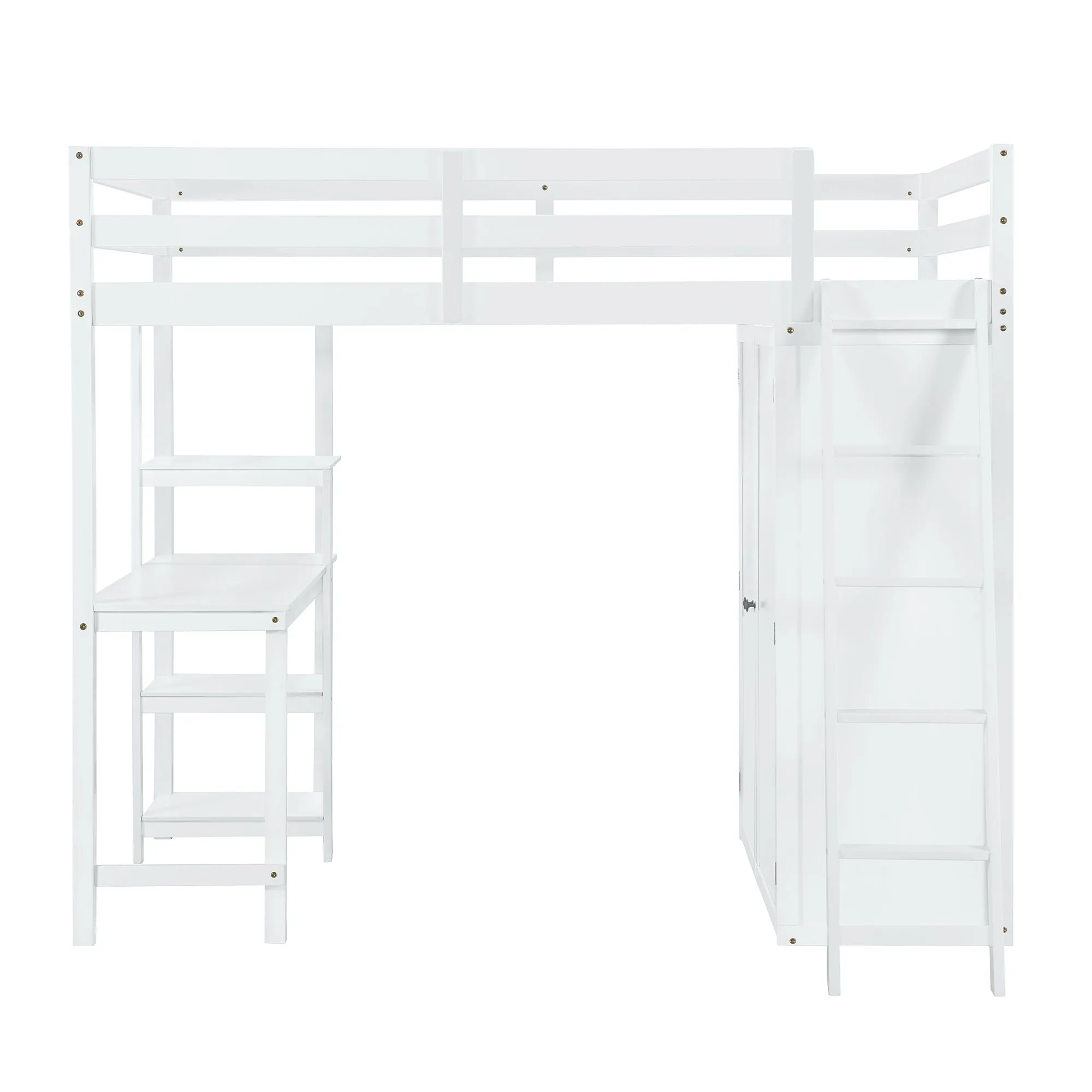 Full Size Loft Bed with Wardrobe and Desk and Shelves, White