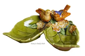 Hand Painted Majolica Birds & Leaves Candy / Trinket Dish Hand Painted Majolica Birds & Leaves Candy / Trinket Dish