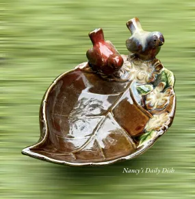 Hand Painted Majolica Birds on Brown Leaf Spoon Rest / Soap or Trinket Dish