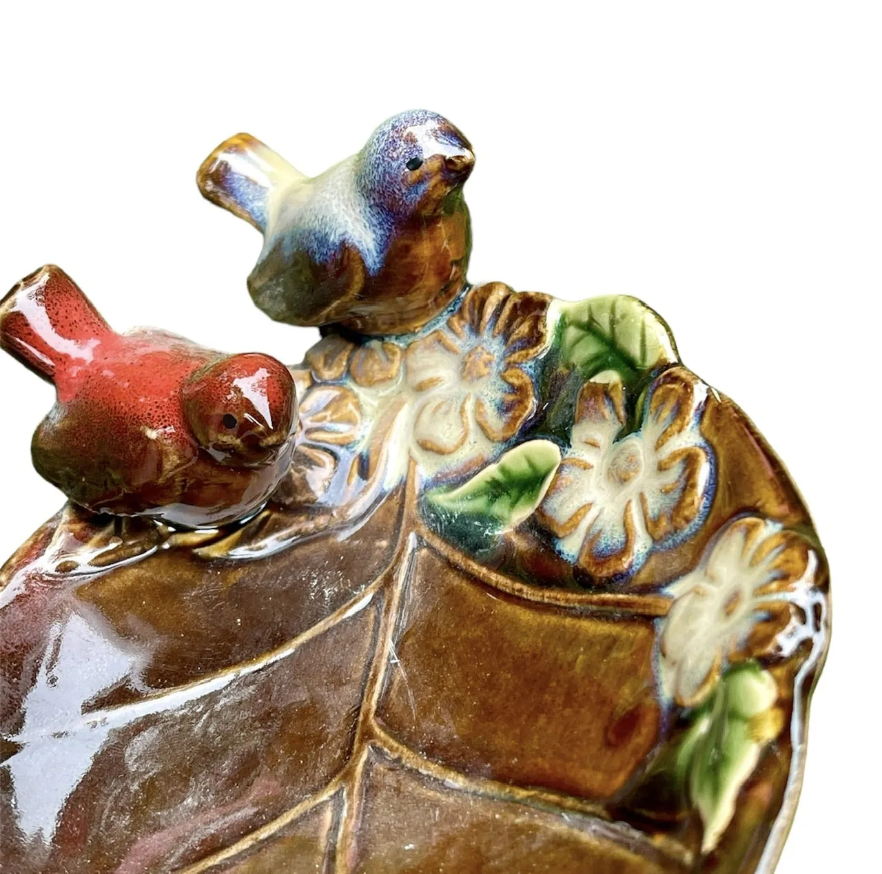 Hand Painted Majolica Birds on Brown Leaf Spoon Rest / Soap or Trinket Dish