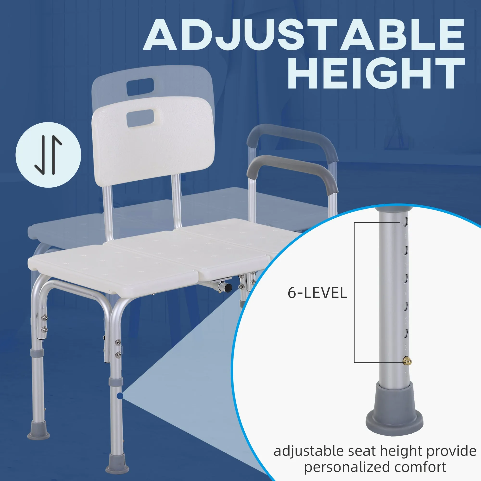 Height Adjustable Shower Chair with Suction Cup Feet Armrest Backrest