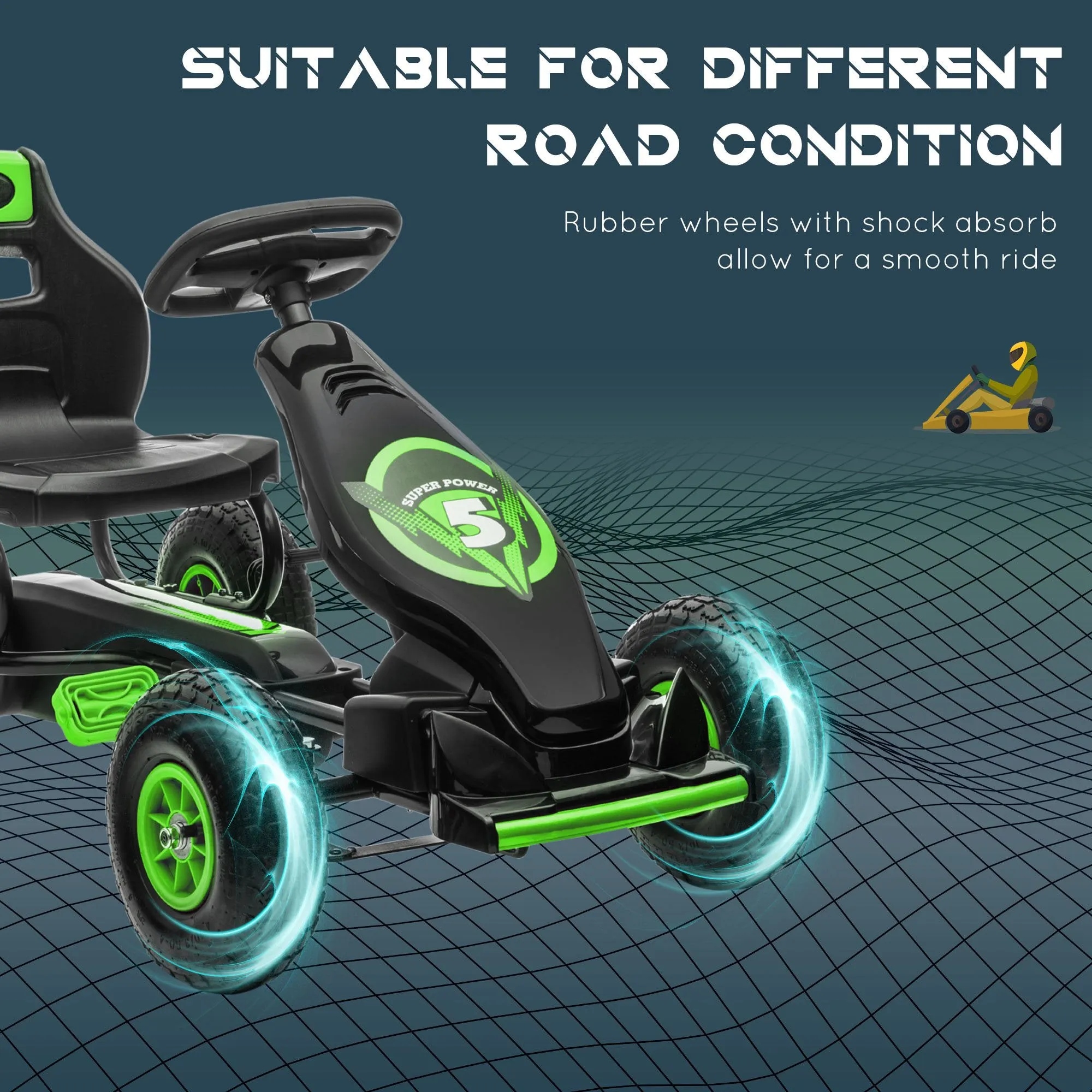HOMCOM Children Pedal Go Kart w/ Adjustable Seat, Rubber Wheels, Brake - Green