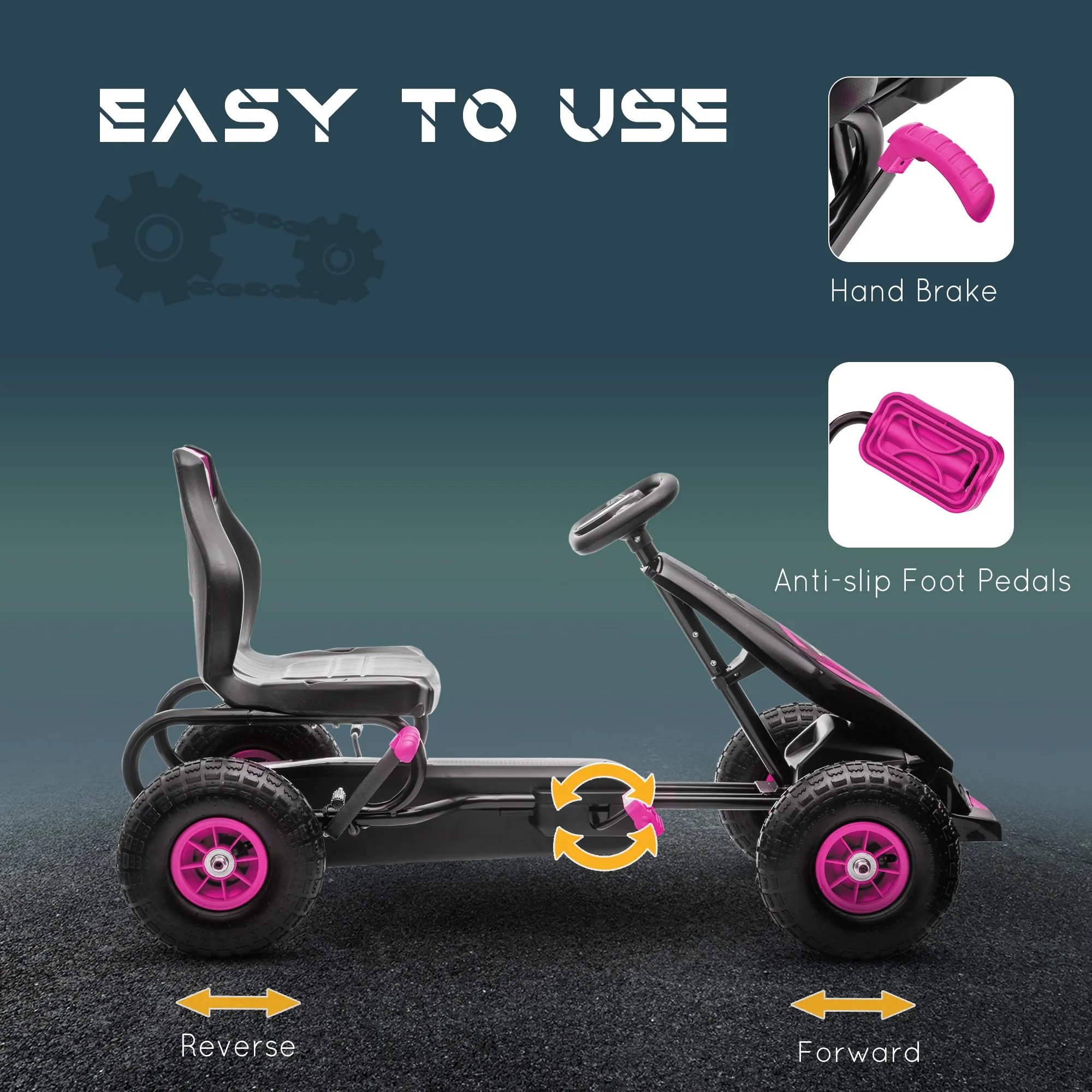 HOMCOM Children Pedal Go Kart w/ Adjustable Seat, Rubber Wheels, Brake - Pink